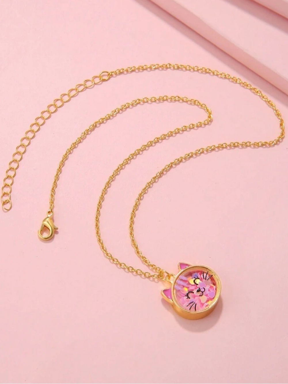 Gold Cat Face Pendant Necklace with Pink Floral Inlay